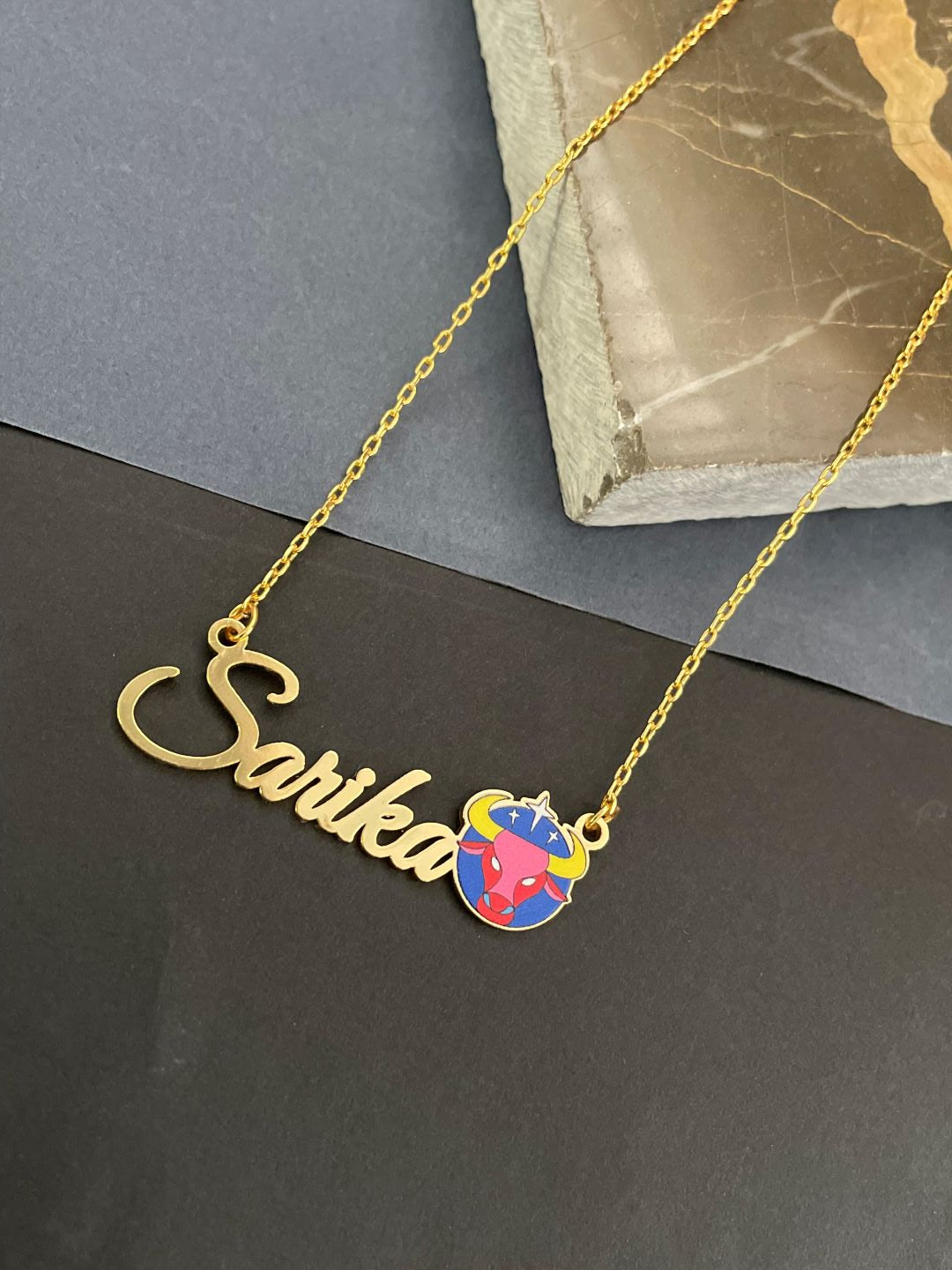 Zodiac Logo Pendant 24k Gold Plated Enamel Custom Name With Short Mangalsutra/Gold Chain