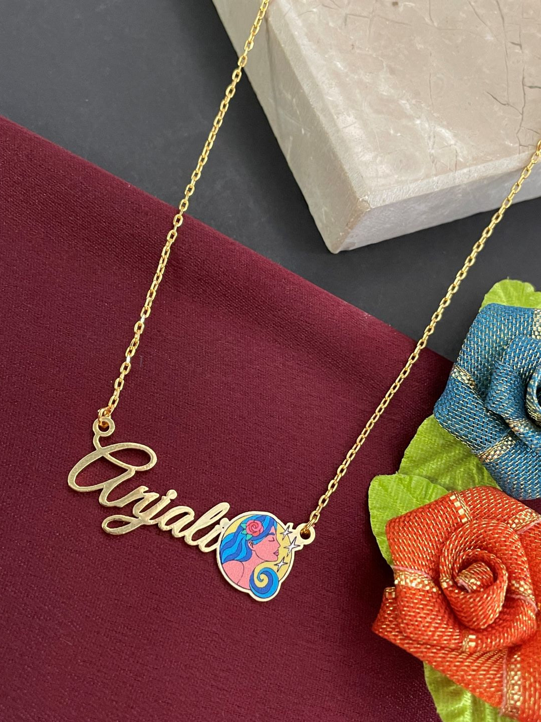 Zodiac Logo Pendant 24k Gold Plated Enamel Custom Name With Short Mangalsutra/Gold Chain