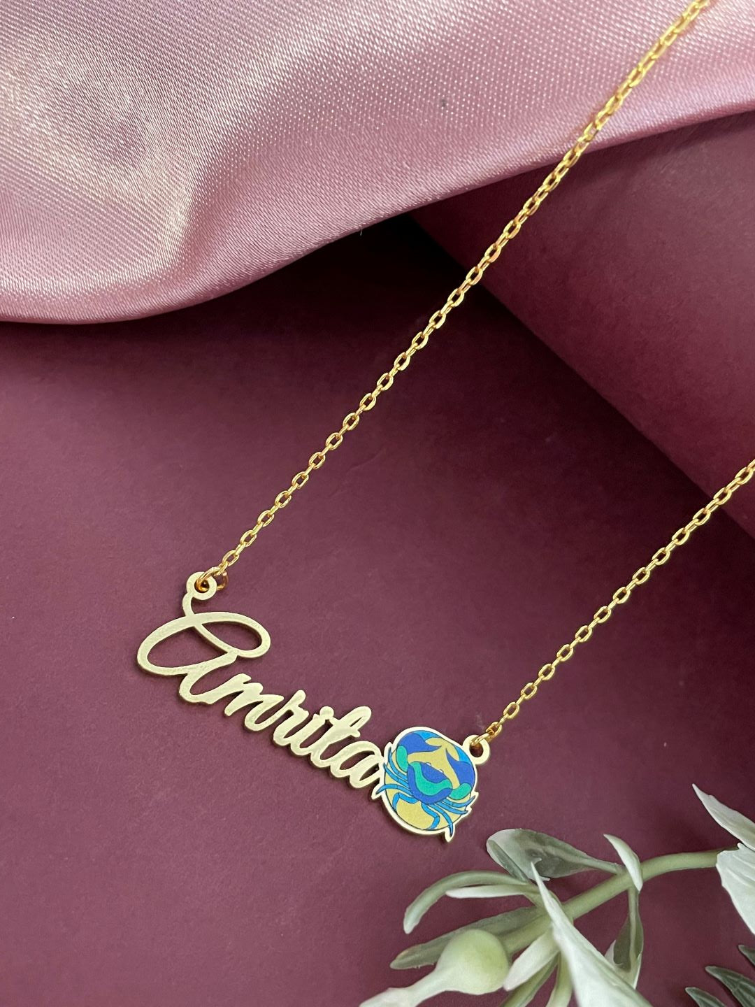 Zodiac Logo Pendant 24k Gold Plated Enamel Custom Name With Short Mangalsutra/Gold Chain