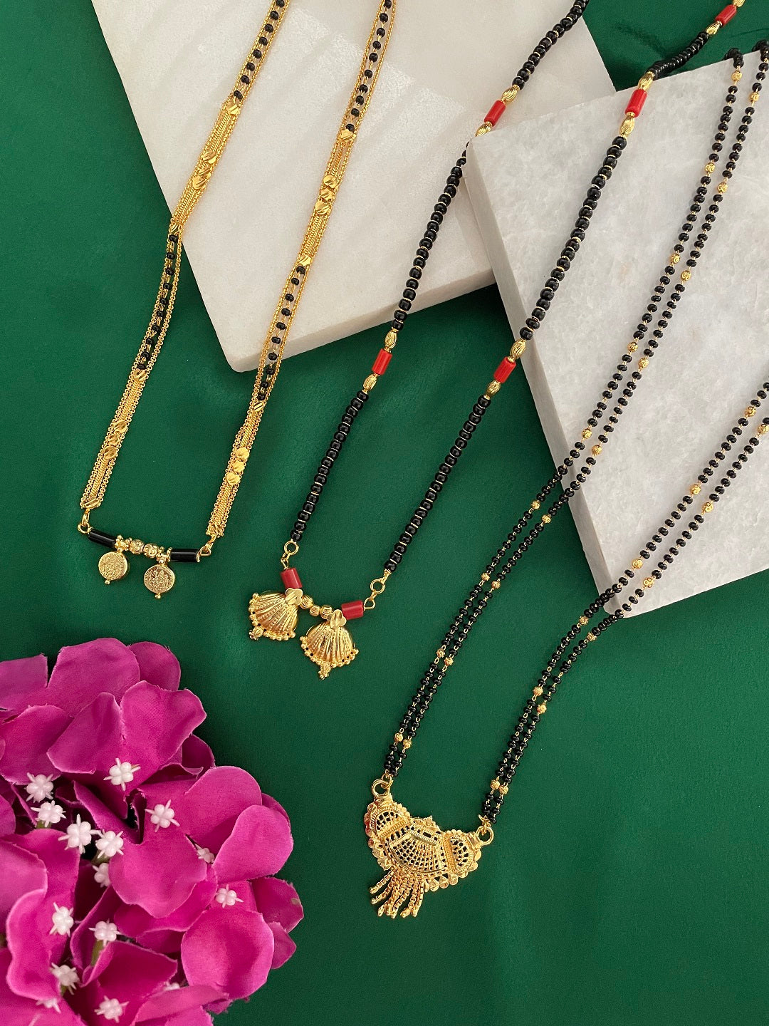 Combo Offer (Set of 3) Gold-Plated Black Beads Long 2 Vati Pendant Mangalsutra | Gold Pendant Necklace