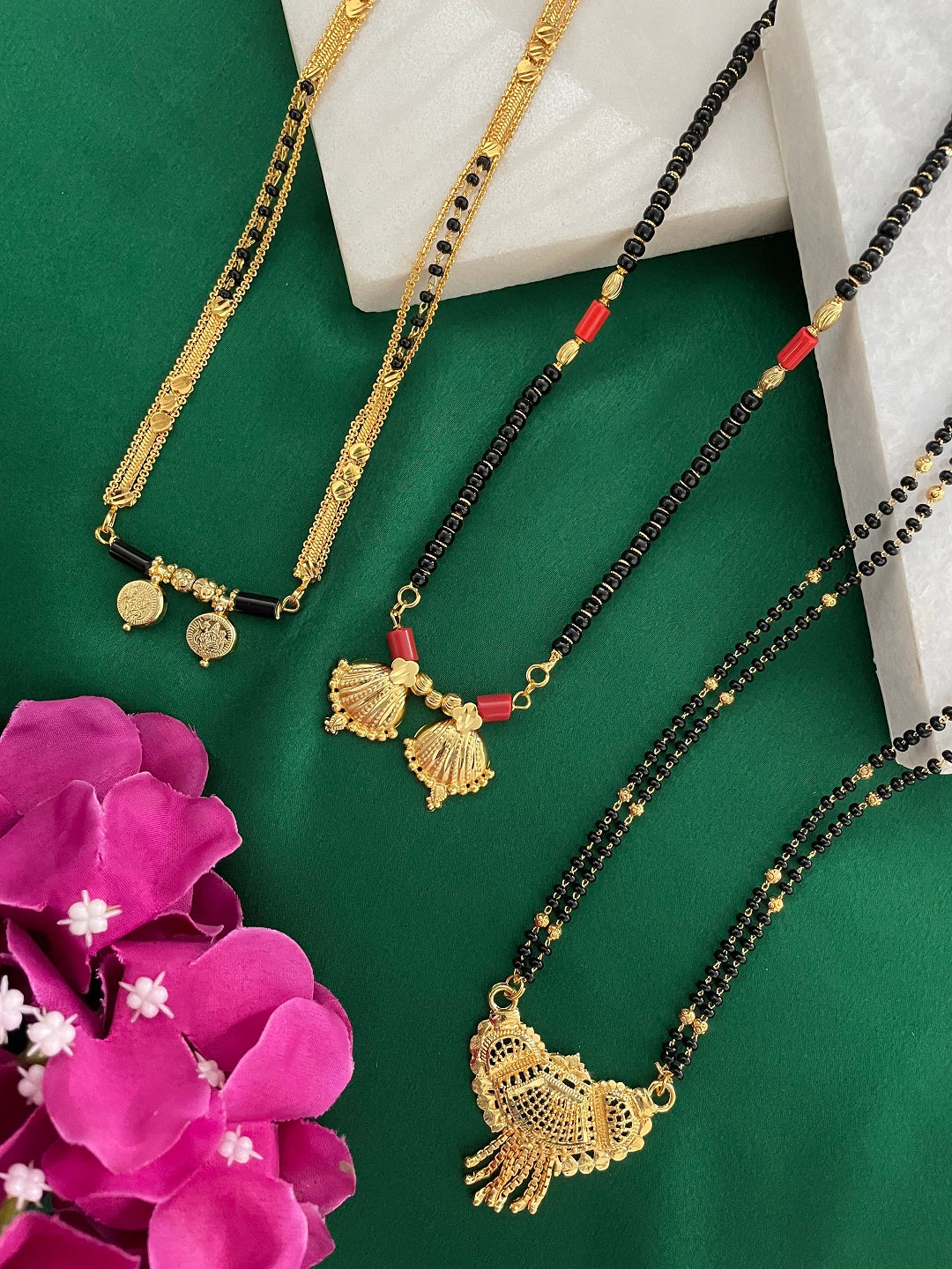 Combo Offer (Set of 3) Gold-Plated Black Beads Long 2 Vati Pendant Mangalsutra | Gold Pendant Necklace