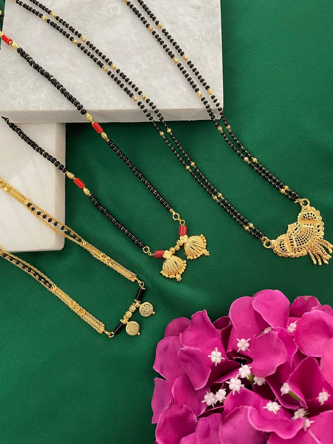 Combo Offer (Set of 3) Gold-Plated Black Beads Long 2 Vati Pendant Mangalsutra | Gold Pendant Necklace