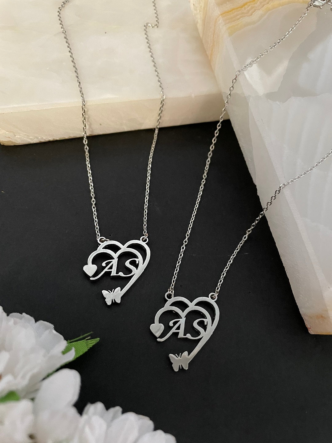 Heart Shape Pendant With 2 Letters And Butterfly Silver Plated Chain Necklace