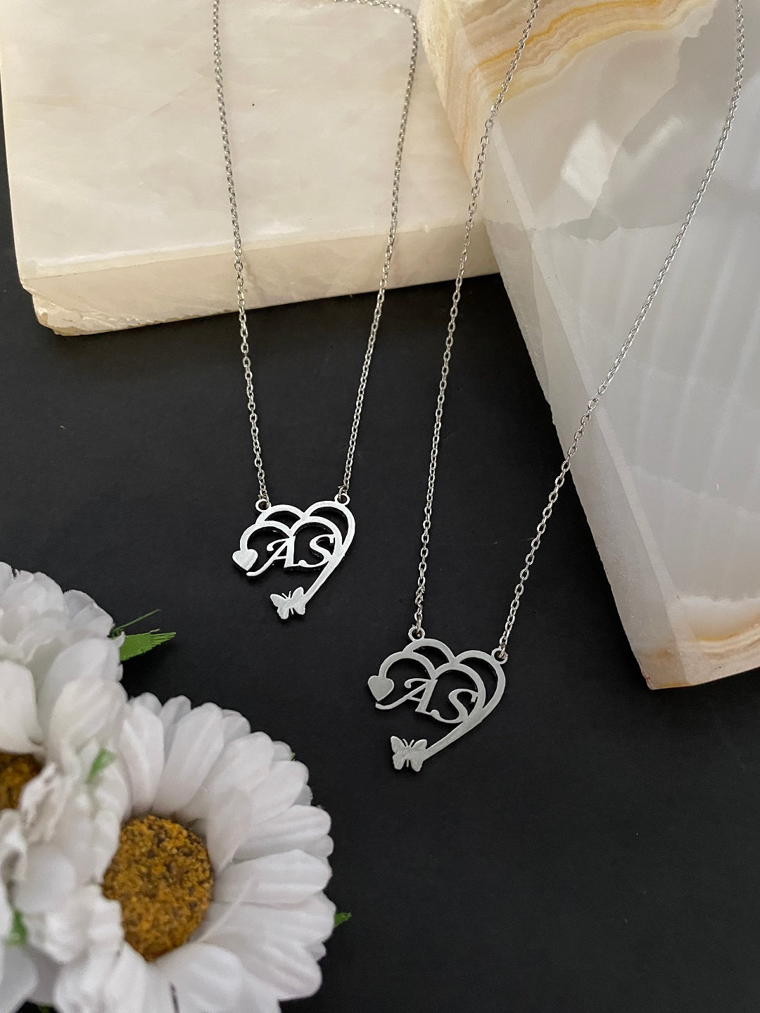 Heart Shape Pendant With 2 Letters And Butterfly Silver Plated Chain Necklace