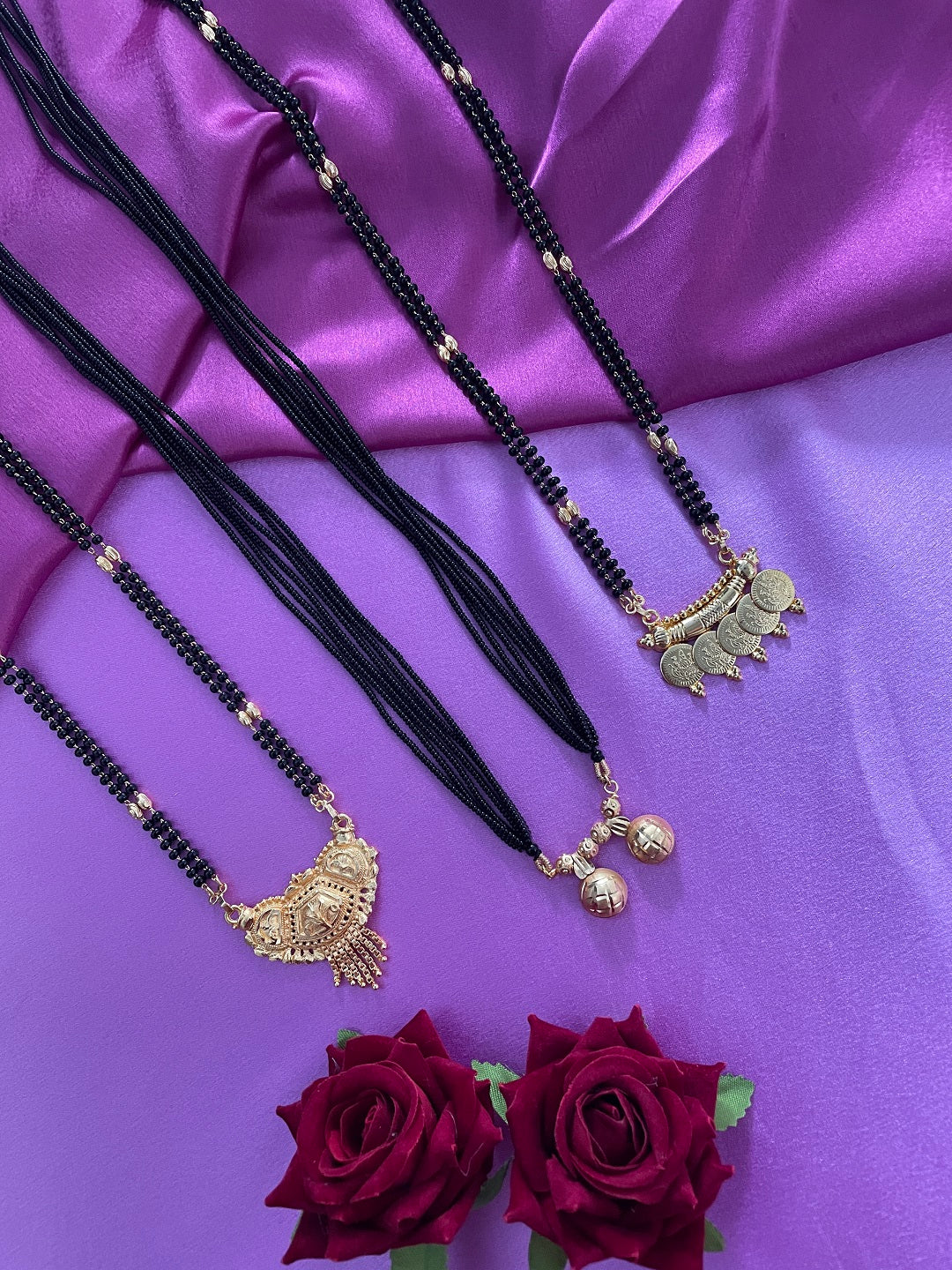 Combo Offer (Set of 3) Gold-Plated Black Beads Long 2 Vati Pendant Mangalsutra | Gold Lakshmi (Laxmi) Coin Pendant Necklace
