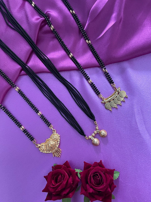 Combo Offer (Set of 3) Gold-Plated Black Beads Long 2 Vati Pendant Mangalsutra | Gold Lakshmi (Laxmi) Coin Pendant Necklace