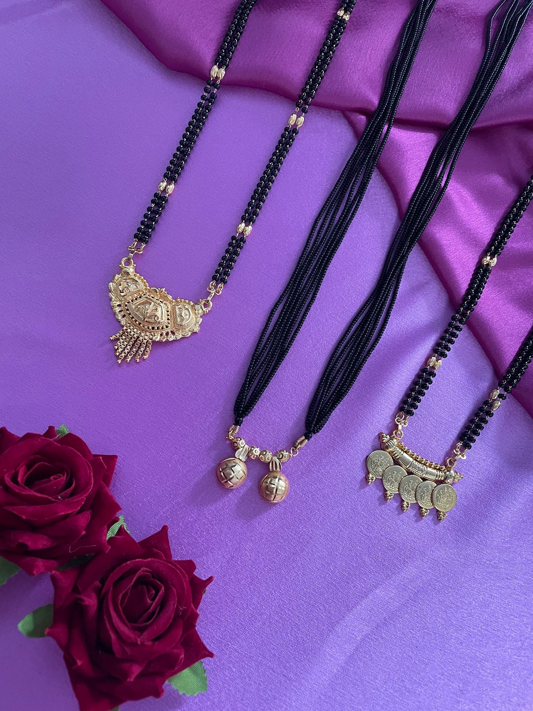 Combo Offer (Set of 3) Gold-Plated Black Beads Long 2 Vati Pendant Mangalsutra | Gold Lakshmi (Laxmi) Coin Pendant Necklace