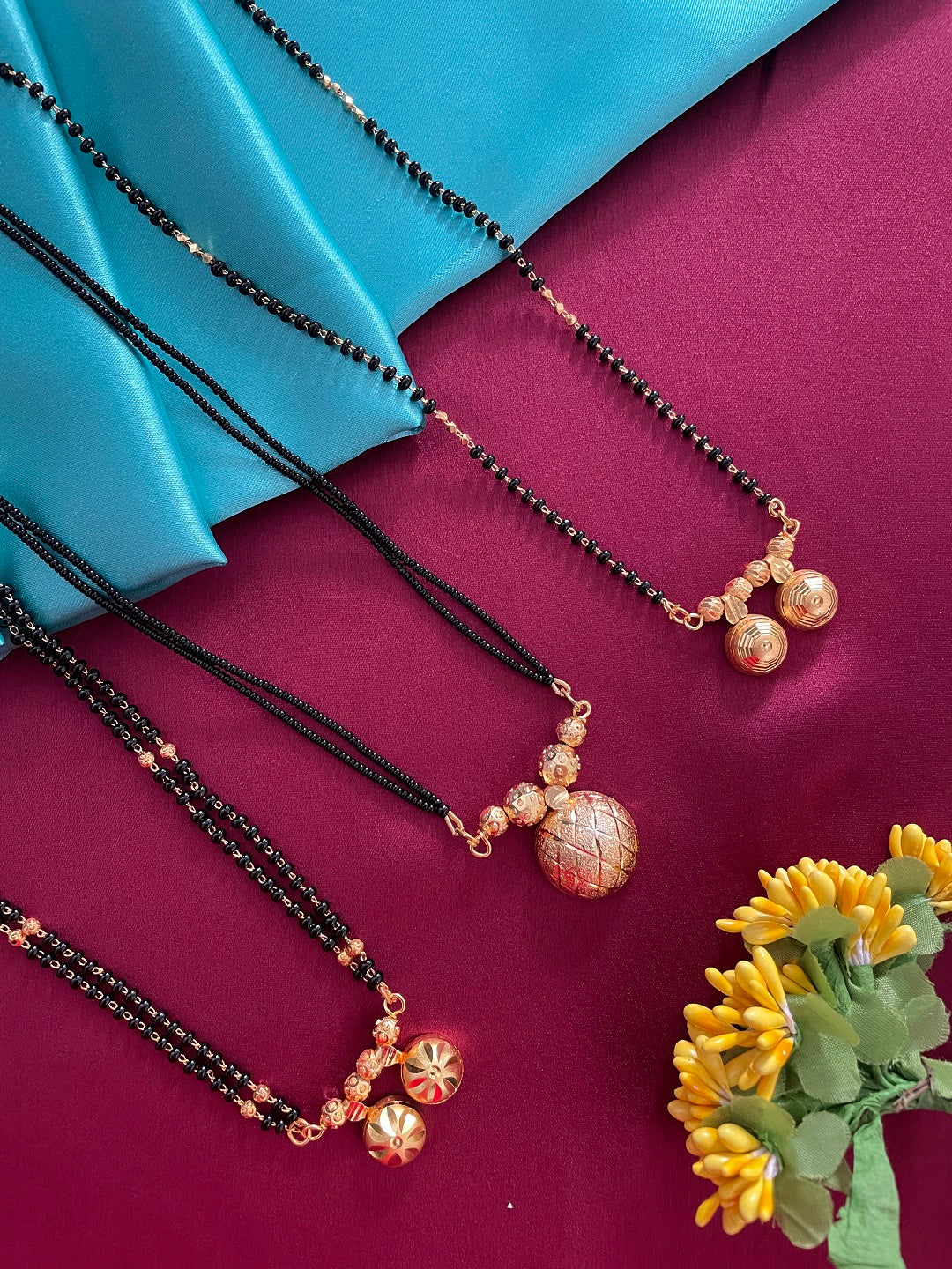 Combo Offer (Set of 3) Gold-Plated Black Beads Long 2 Vati Pendant Mangalsutra | Short Single Vati Pendant Necklace