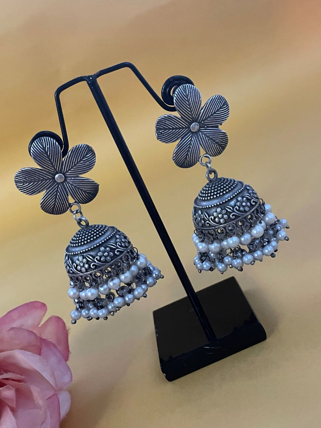 Jhumka Earring Floral Design With Pearls
