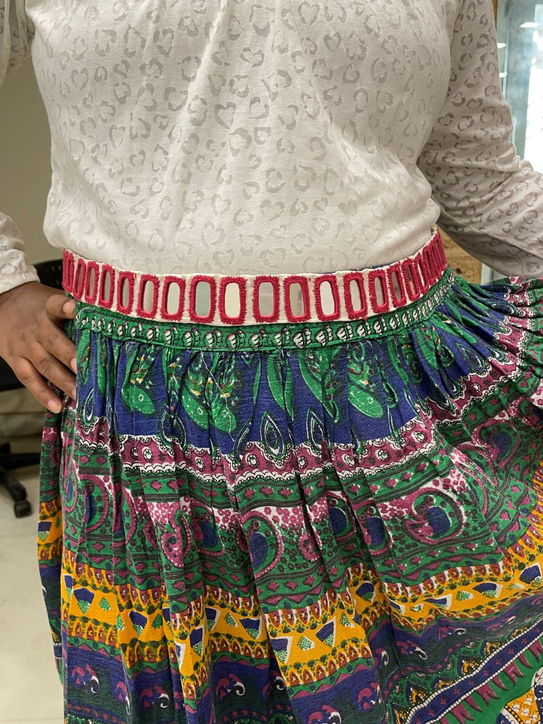 Navratri Garba Dandiya White Fabric & Pink Rectangle Mirror Work Banjara Waist Belt Kamar Bandh