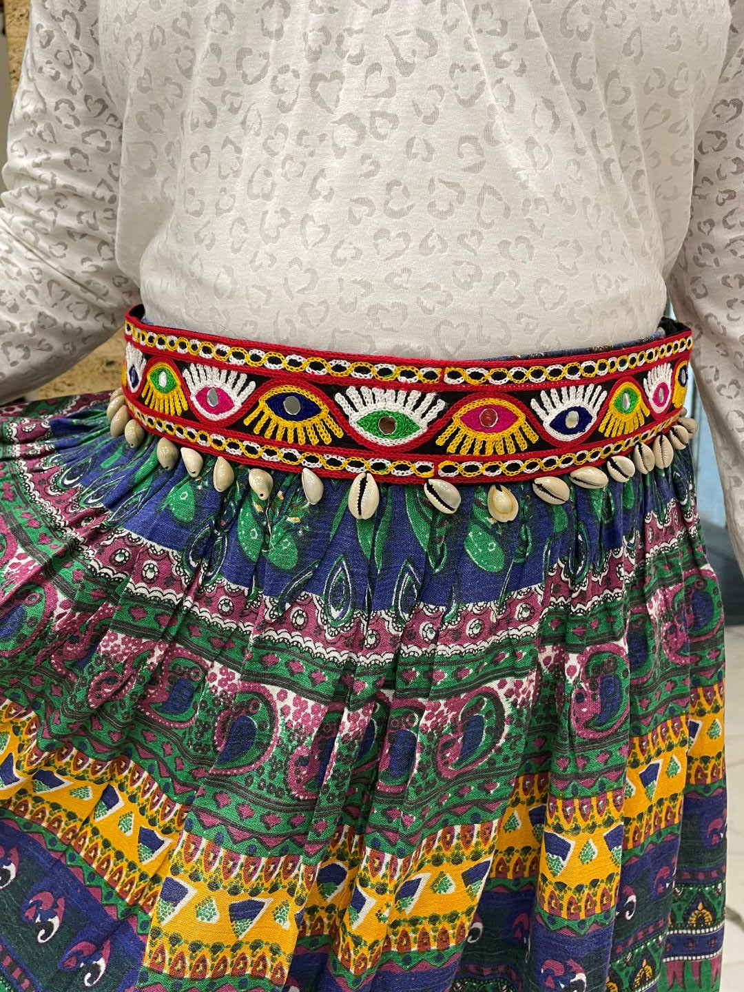 Navratri Garba Dandiya Multi Color Fabric & Embroidery Evil Eye Mirror Work Banjara Waist Belt Kamar Bandh