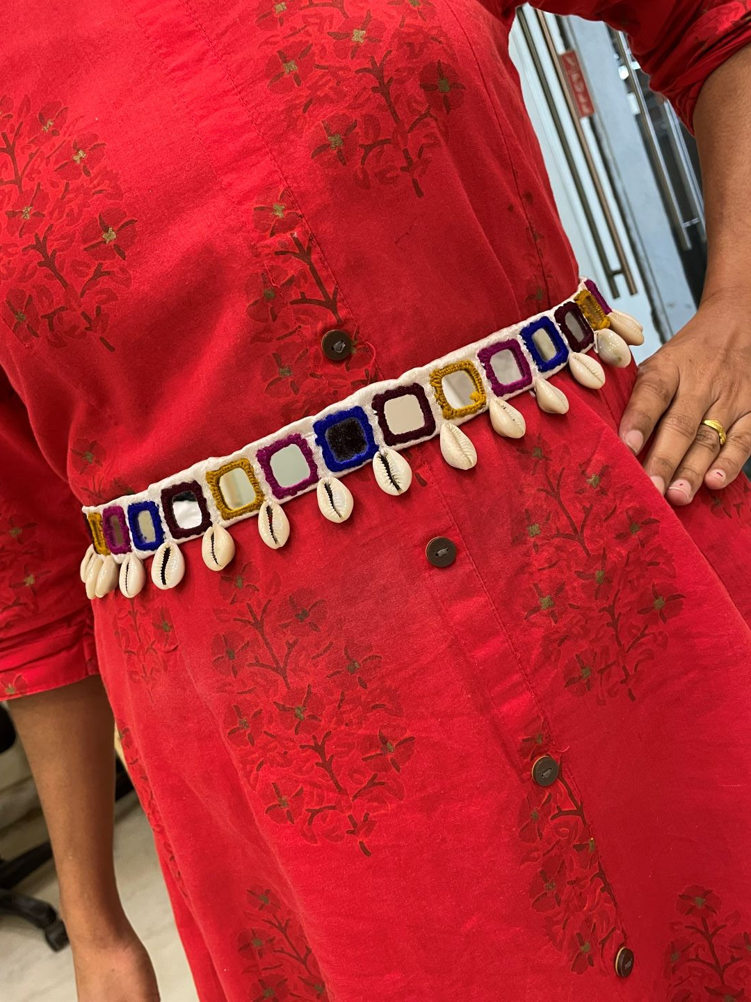 Navratri Garba Dandiya White Fabric & Multi Color Mirror Work Banjara Waist Belt Kamar Bandh