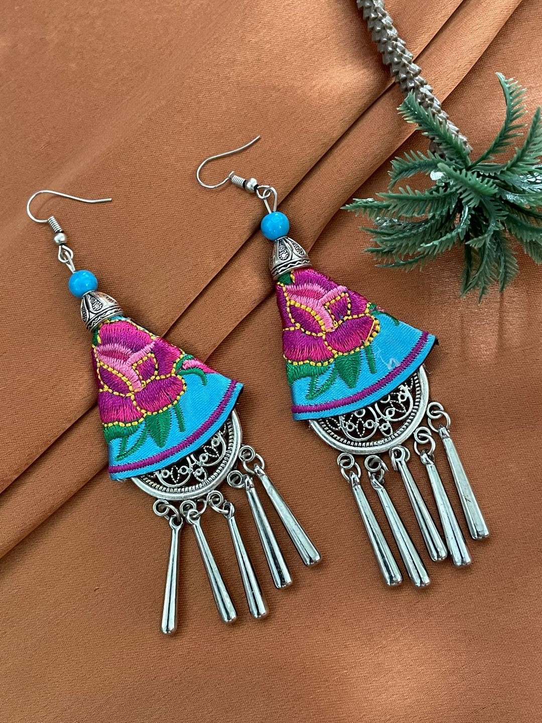 Ethnic Embroidered Earring with Silver Danglers