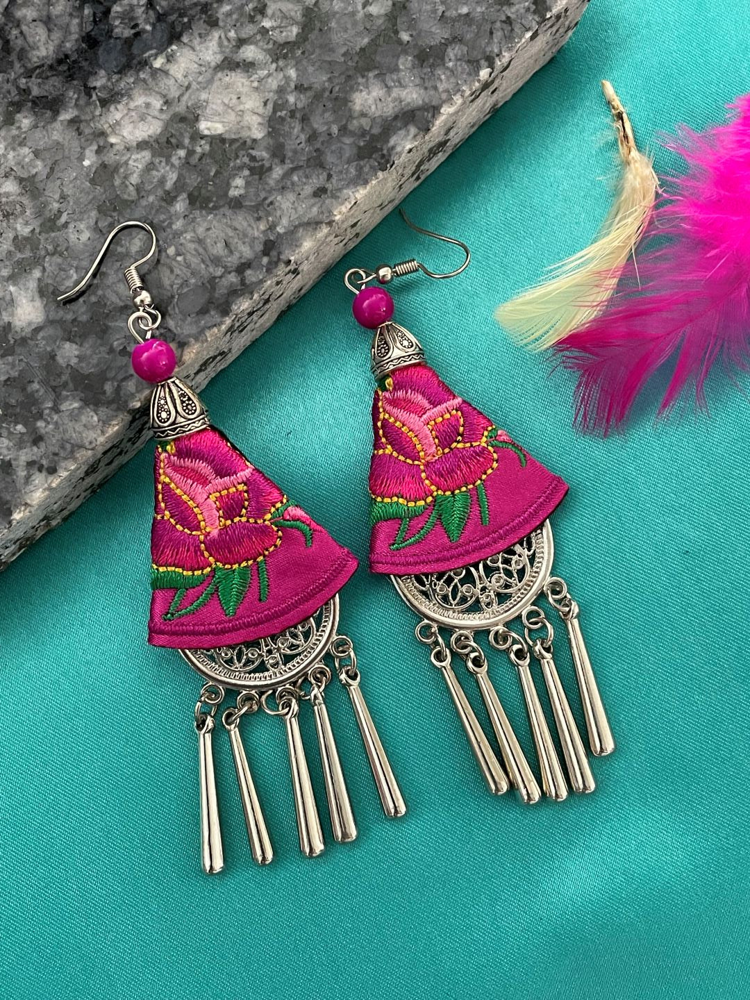Ethnic Embroidered Earring with Silver Danglers