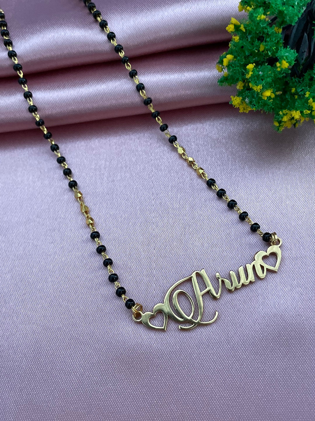 Custom Cursive Personalized Name Short Mangalsutra Necklace With 2 Mini Hearts & Black Beaded Chain