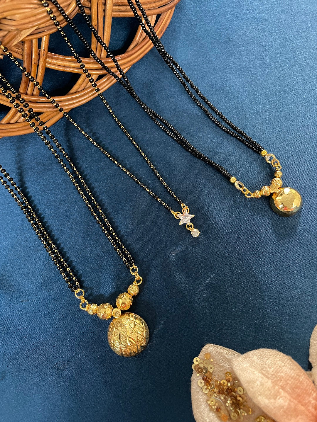 Combo Offer (Set of 3) Gold-Plated Black Beads Long Vati Pendant Mangalsutra | Short AD Star Pendant Necklace