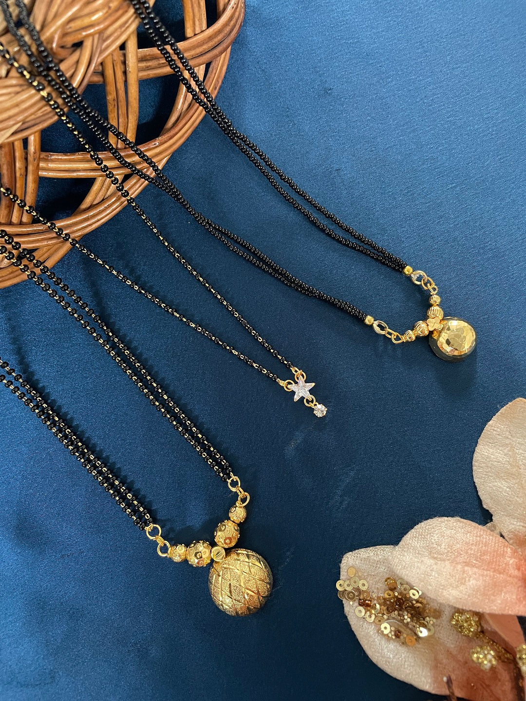 Combo Offer (Set of 3) Gold-Plated Black Beads Long Vati Pendant Mangalsutra | Short AD Star Pendant Necklace