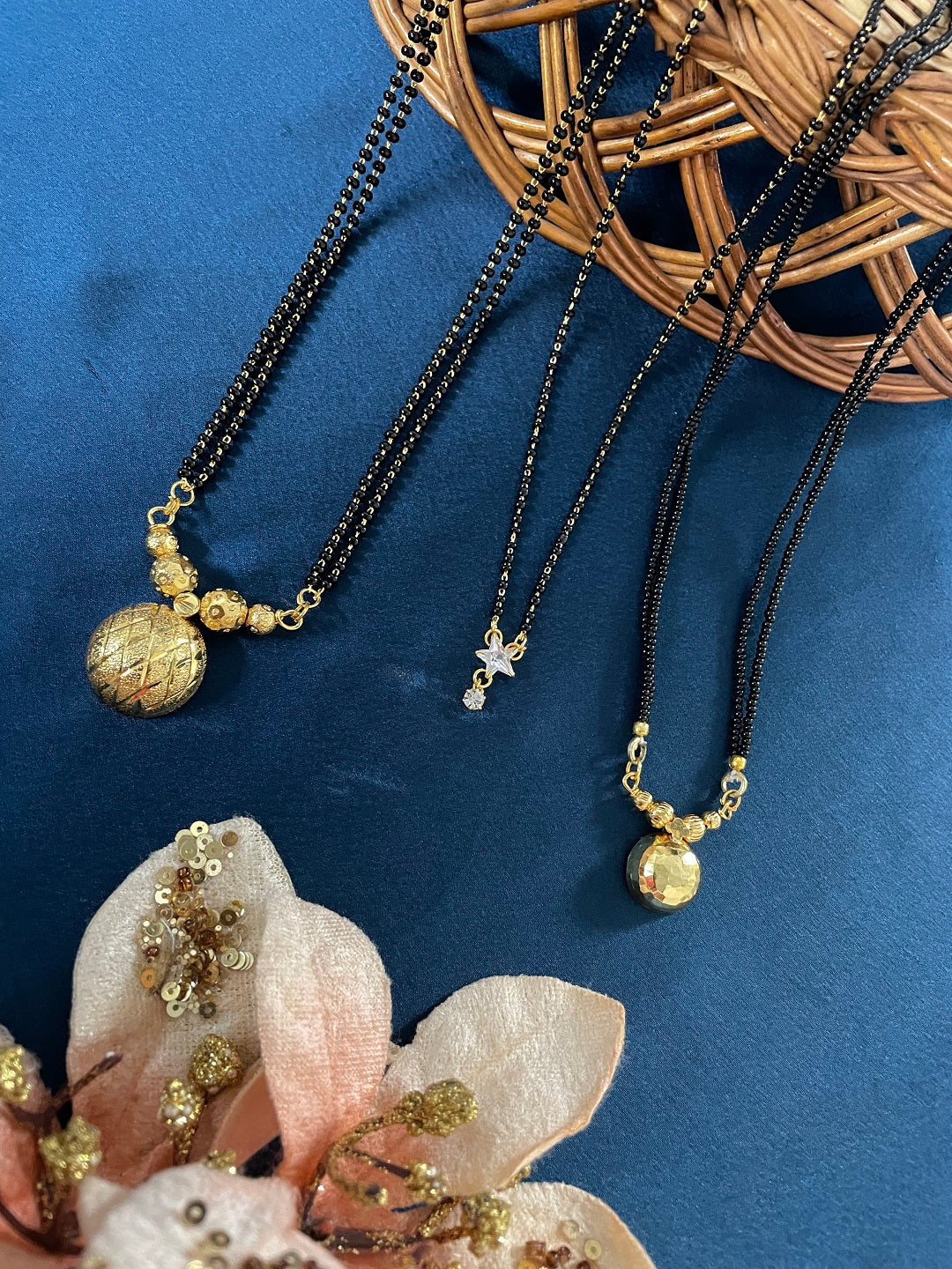Combo Offer (Set of 3) Gold-Plated Black Beads Long Vati Pendant Mangalsutra | Short AD Star Pendant Necklace