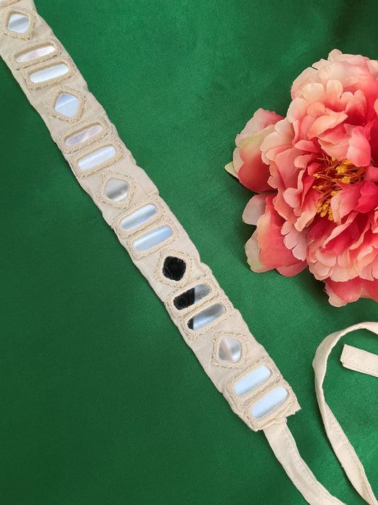 Navratri Garba Dandiya White Fabric & Mirror Work Banjara Waist Belt Kamar Bandh