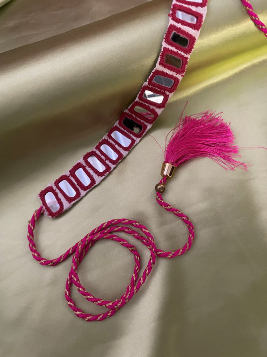 Navratri Garba Dandiya White Fabric & Pink Rectangle Mirror Work Banjara Waist Belt Kamar Bandh