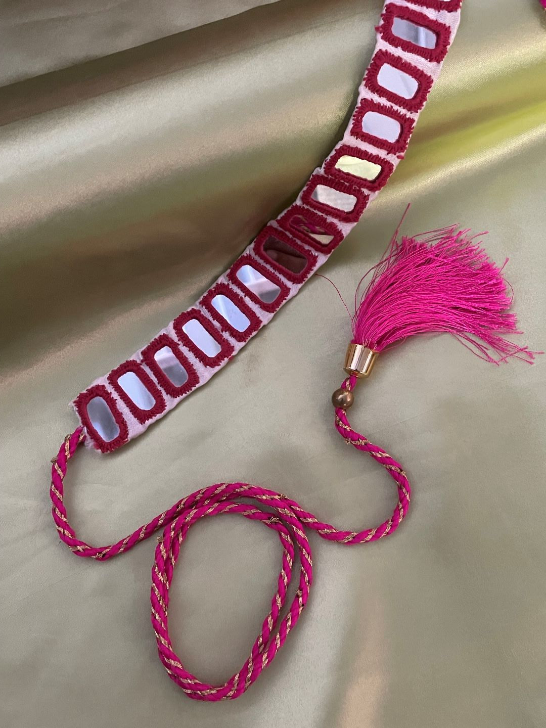 Navratri Garba Dandiya White Fabric & Pink Rectangle Mirror Work Banjara Waist Belt Kamar Bandh