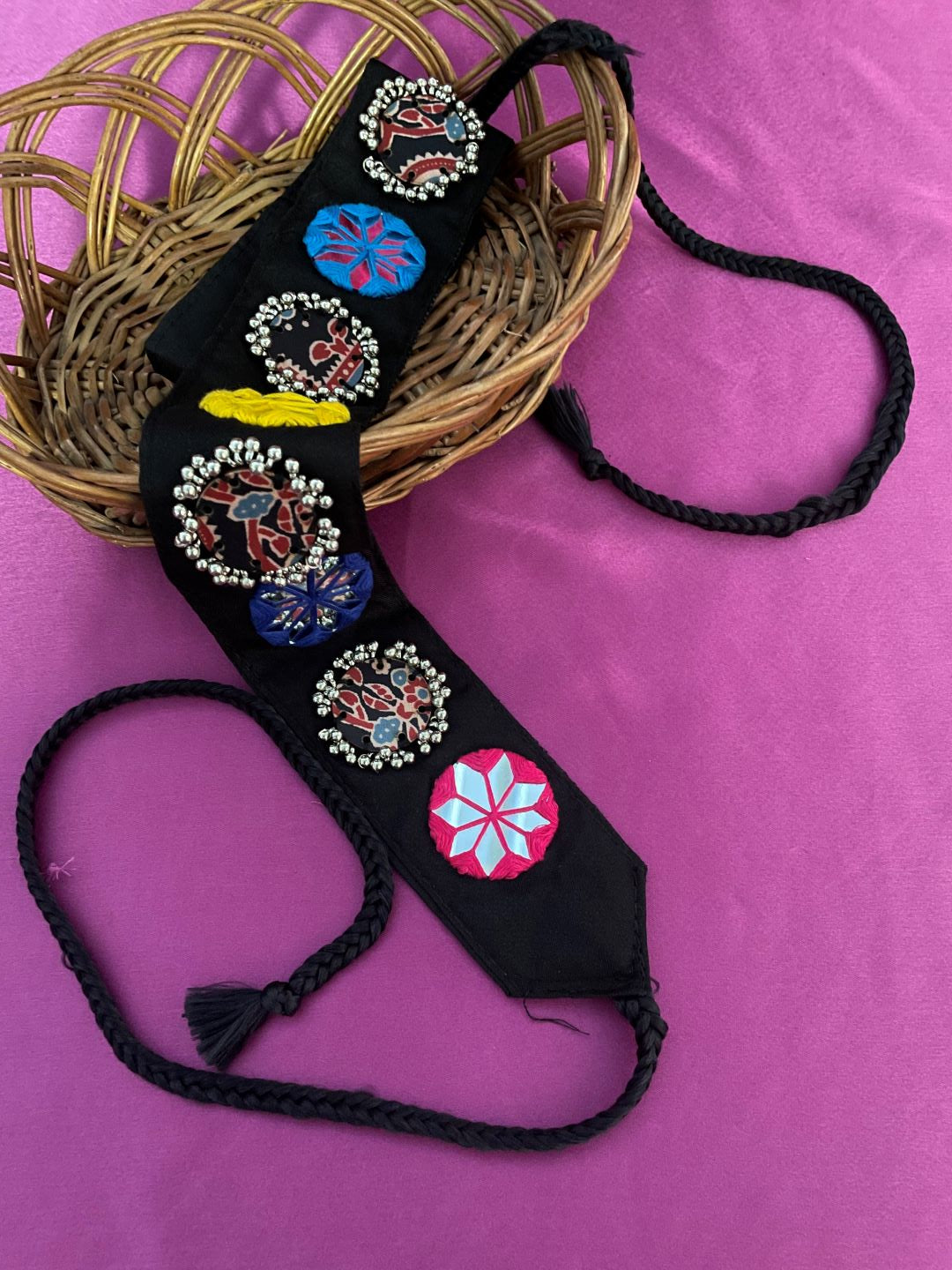 Navratri Garba Dandiya Fabric & Embroidery Round Mirror Work Banjara Waist Belt Kamar Bandh
