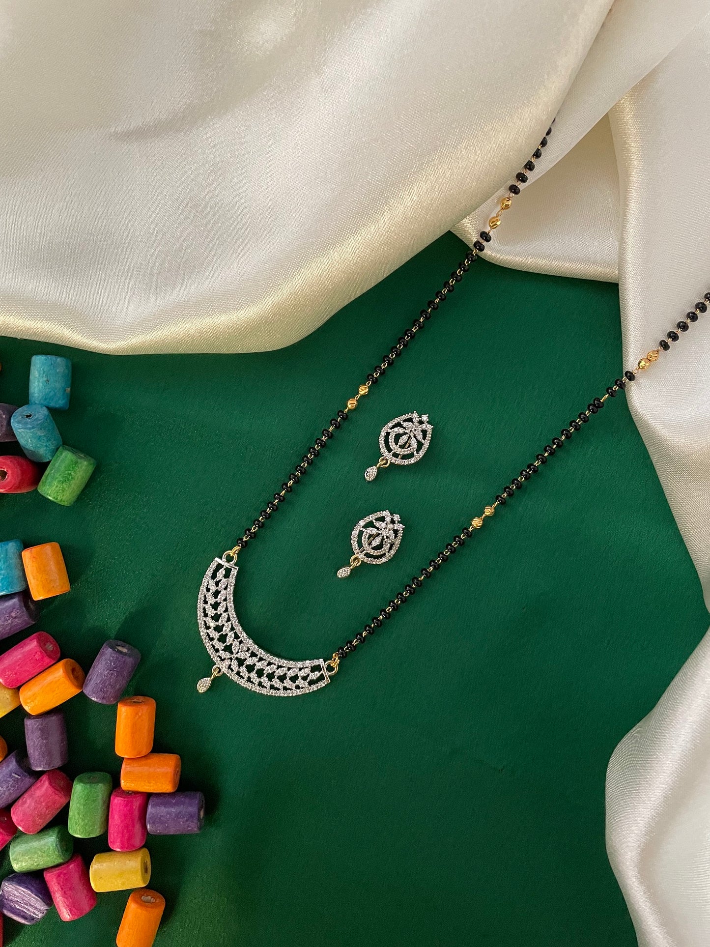 American Diamond Flower Pendant Long Long Mangalsutra Set