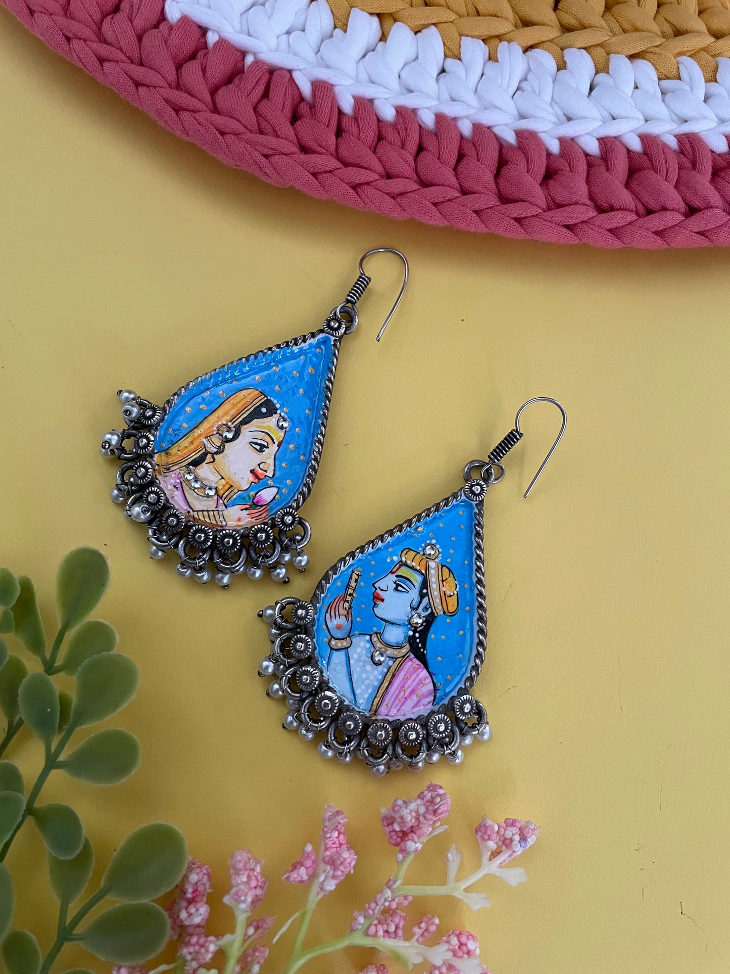 Hand-Painted Silver Plated Radha Krishna Earrings with Pearls