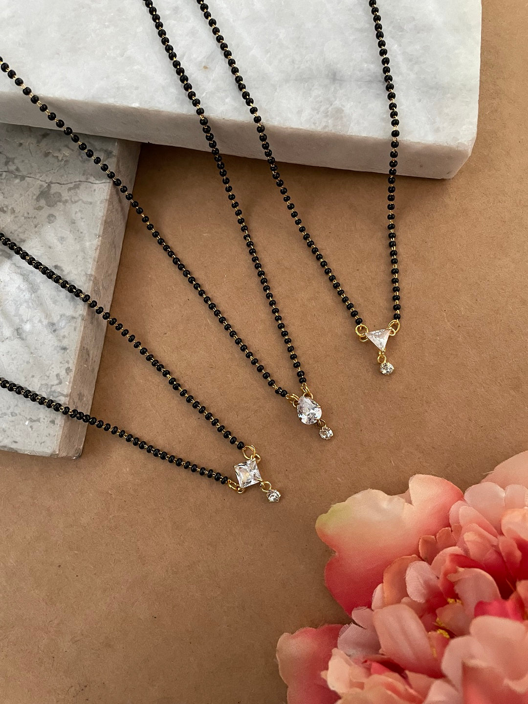 Combo Offer (Set of 3) Gold-Plated Black Beads Short AD Drop Square | Triangle Shape Pendant Mangalsutra Necklace
