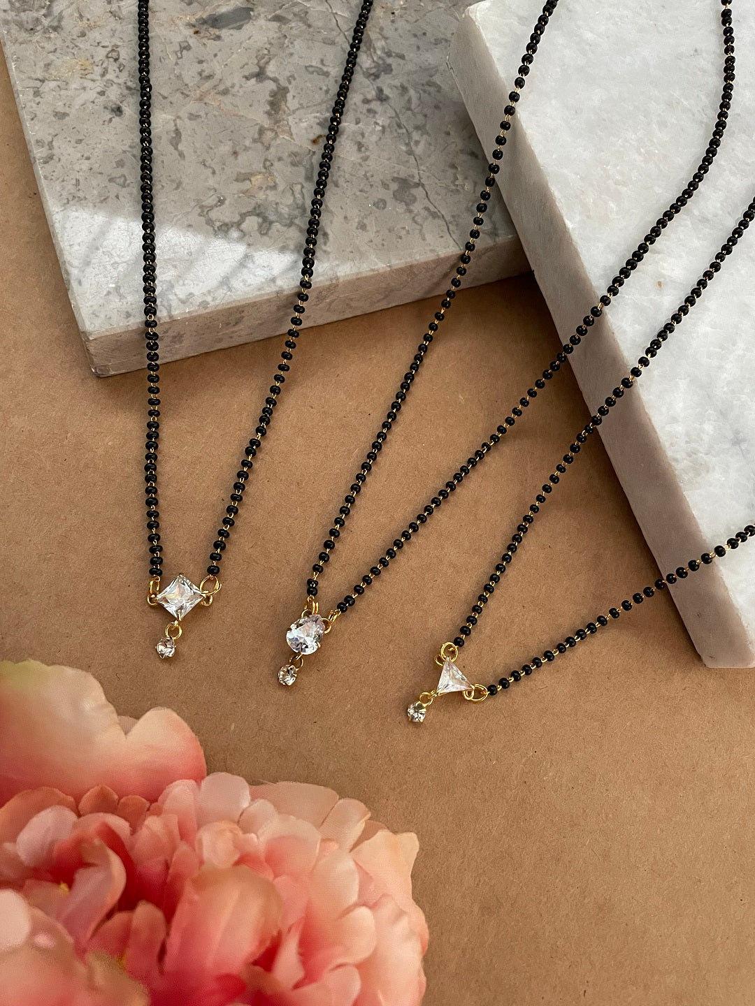 Combo Offer (Set of 3) Gold-Plated Black Beads Short AD Drop Square | Triangle Shape Pendant Mangalsutra Necklace