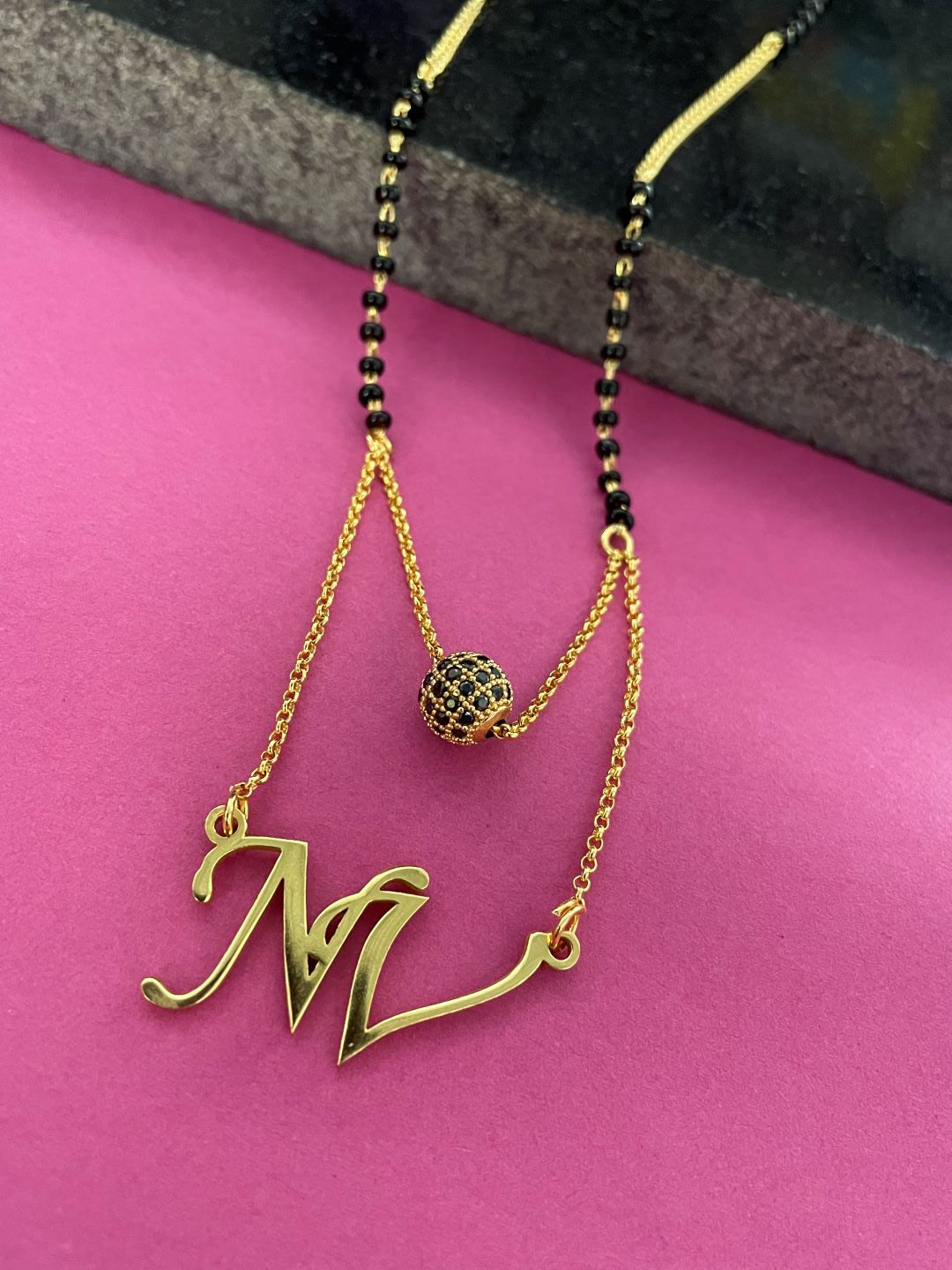 Custom 2 Initial Pendant Name Short Mangalsutra Necklace With American Diamond Ball (20 Inches)