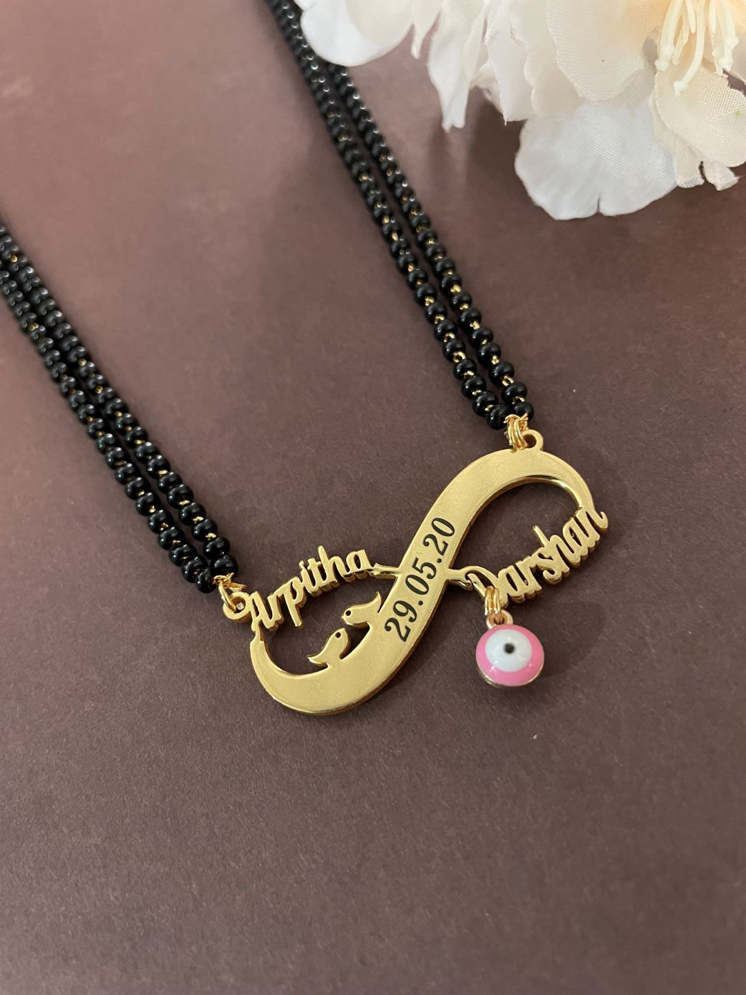 Custom 2 Name Infinity Two Line Short Mangalsutra with Date and Evil Eye