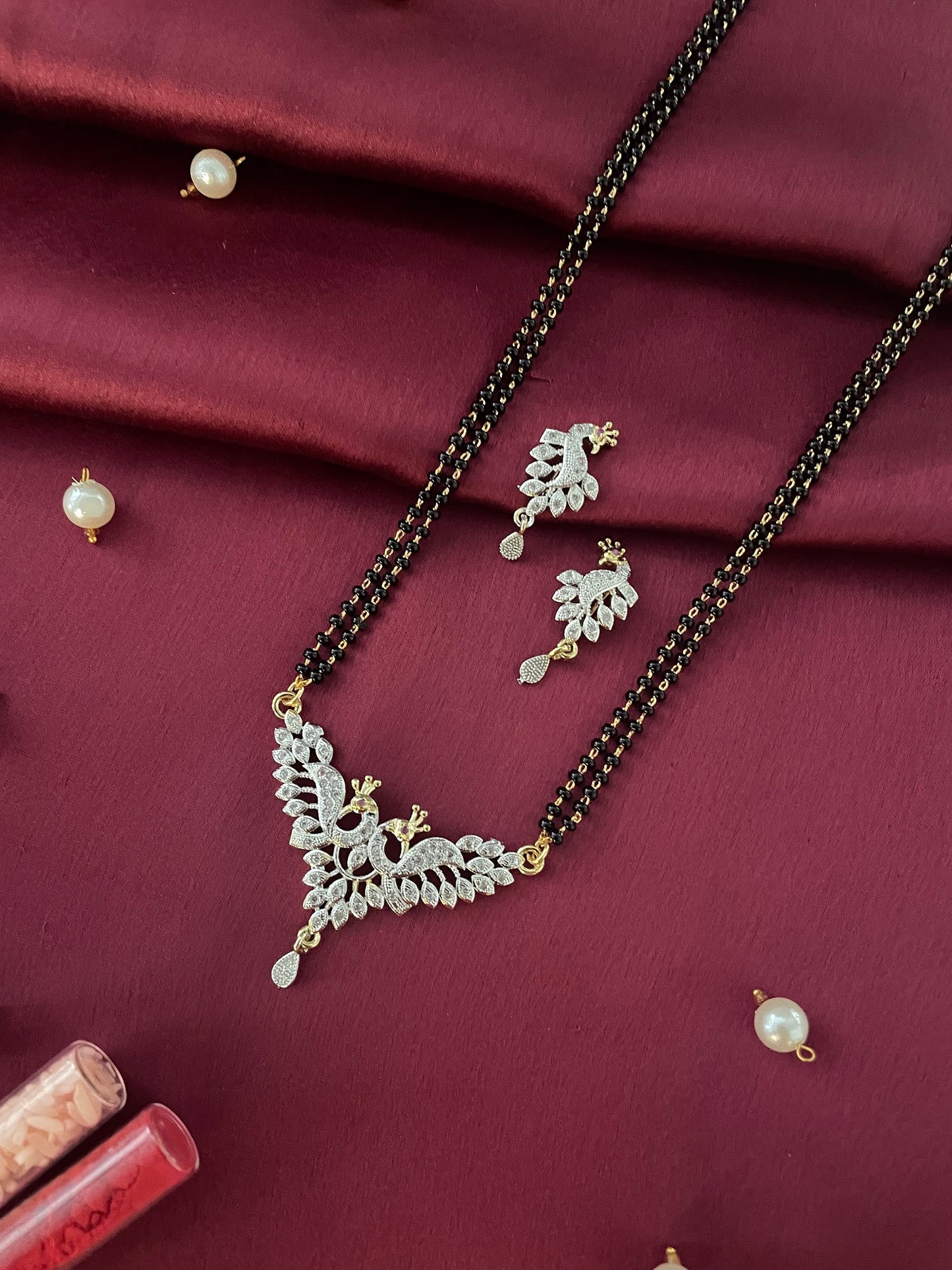 Long Mangalsutra Set With Matching Earrings American Diamond Peacock Pendant Black Beads Chain