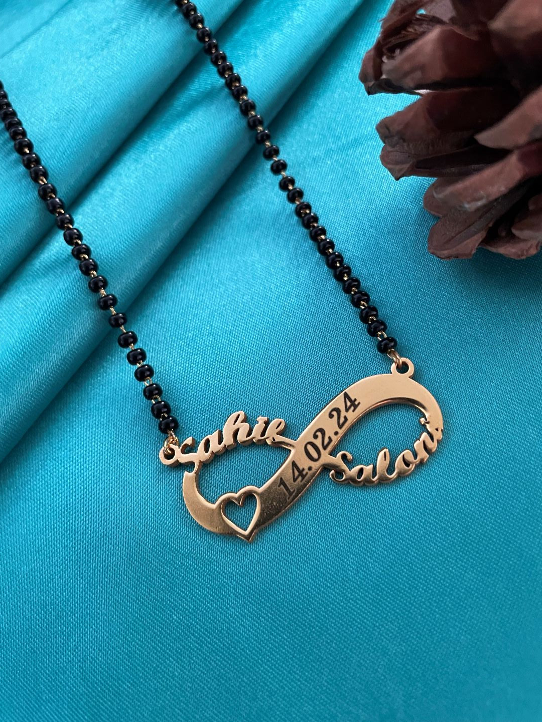 Personalized Two Names Infinity Necklace/Short Mangalsutra, Engraved Date & Heart