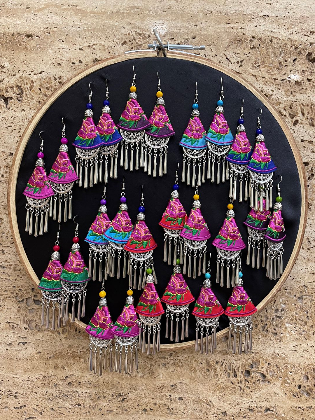 Ethnic Embroidered Earring with Silver Danglers
