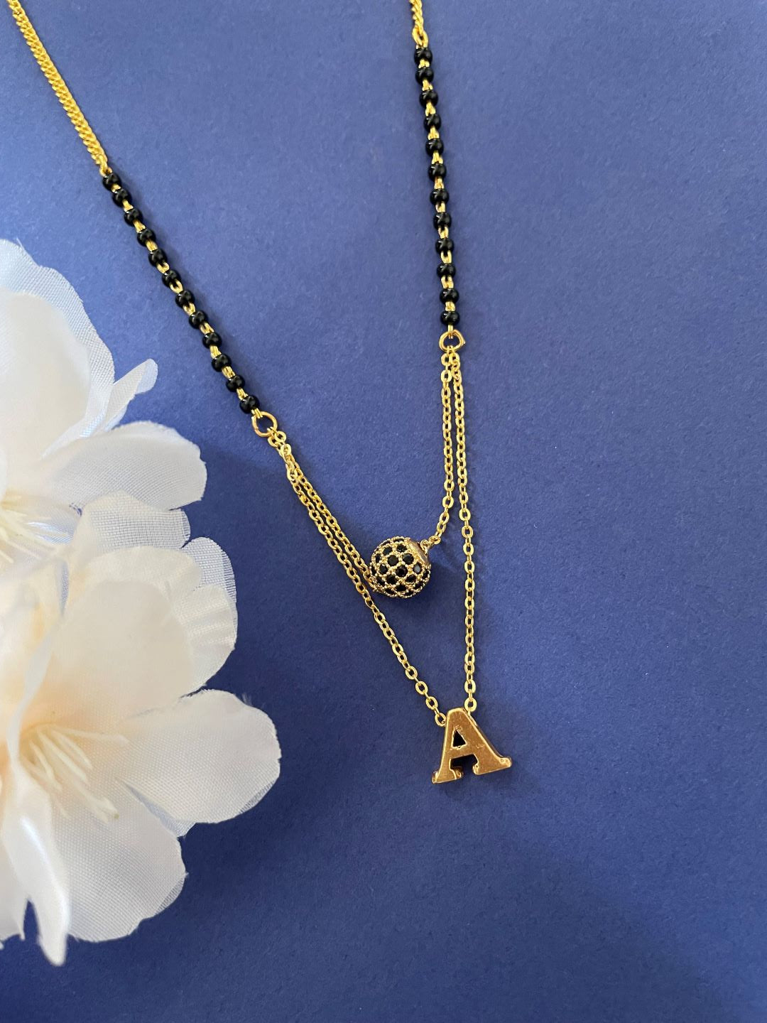 A Letter Mangalsutra Black AD Ball Pendant Short Mangalsutra Name Mangalsutra