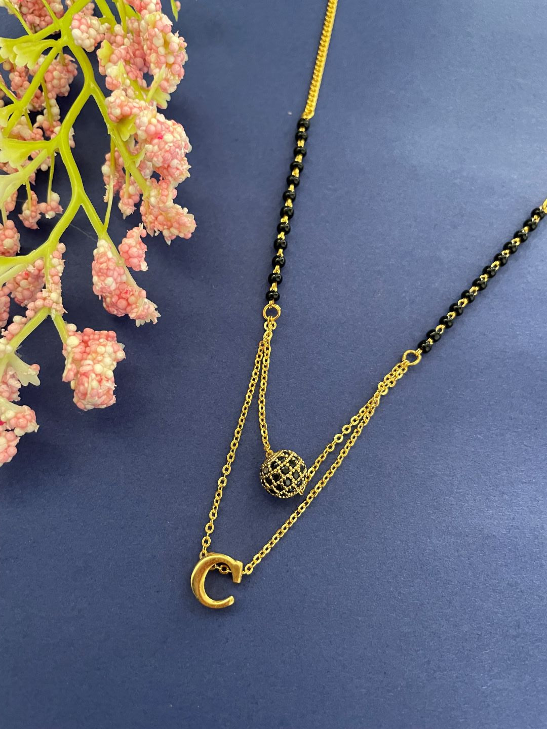 C Letter Mangalsutra Black AD Ball Pendant Short Mangalsutra Name Mangalsutra