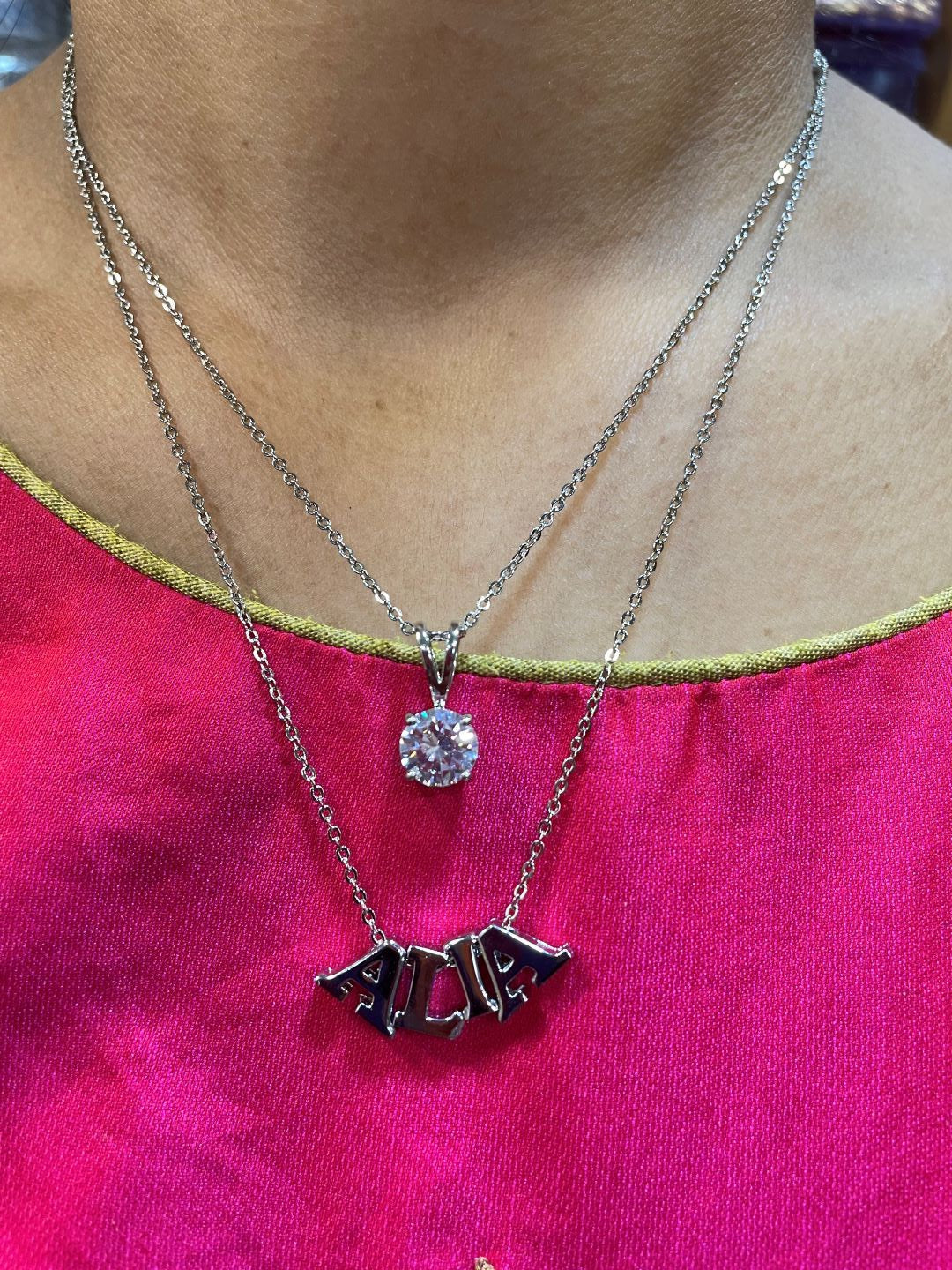 Silver-Plated Custom Name Necklace With a Round AD Pendent