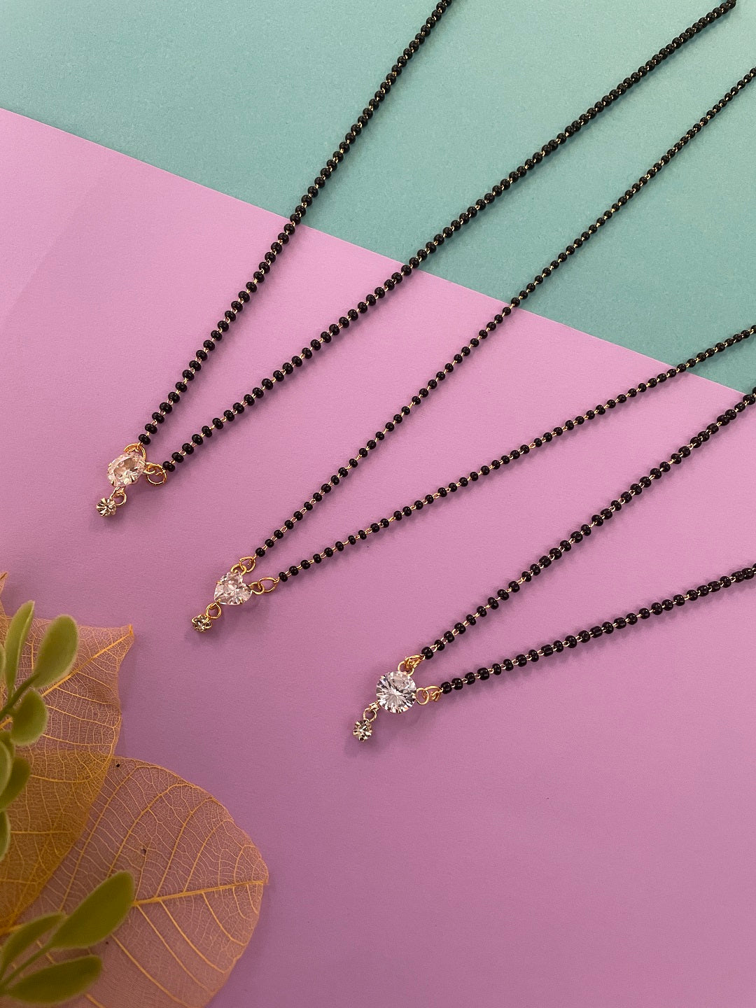 Combo Offer (Set of 3) Gold-Plated Black Beads Short AD Round Heart | Oval Shape Pendant Mangalsutra Necklace