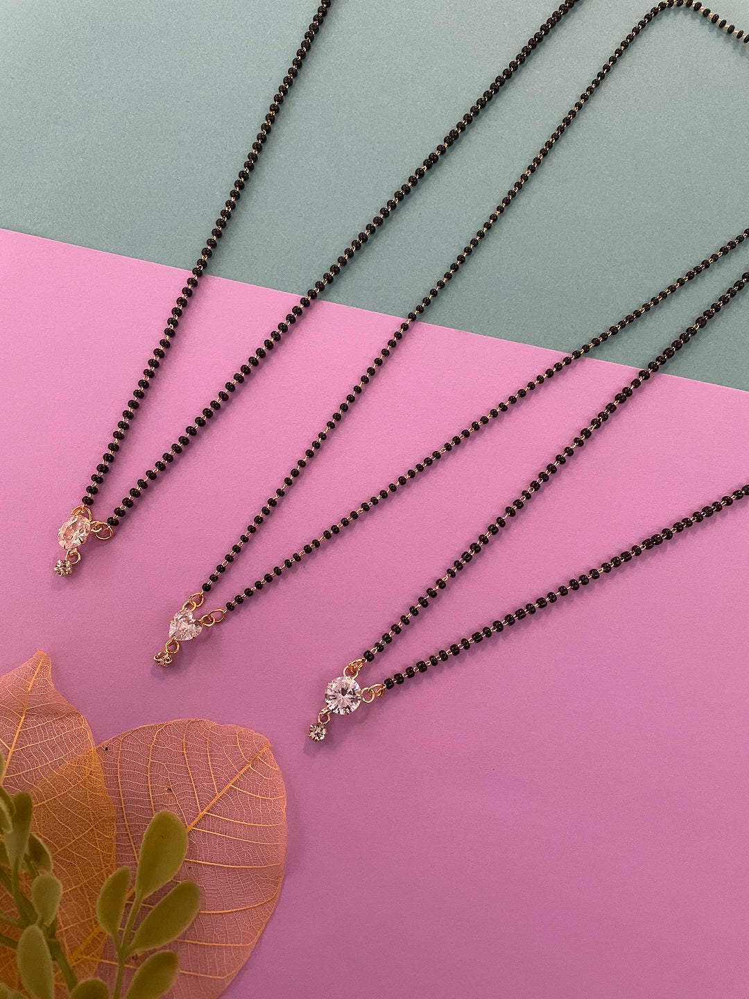 Combo Offer (Set of 3) Gold-Plated Black Beads Short AD Round Heart | Oval Shape Pendant Mangalsutra Necklace