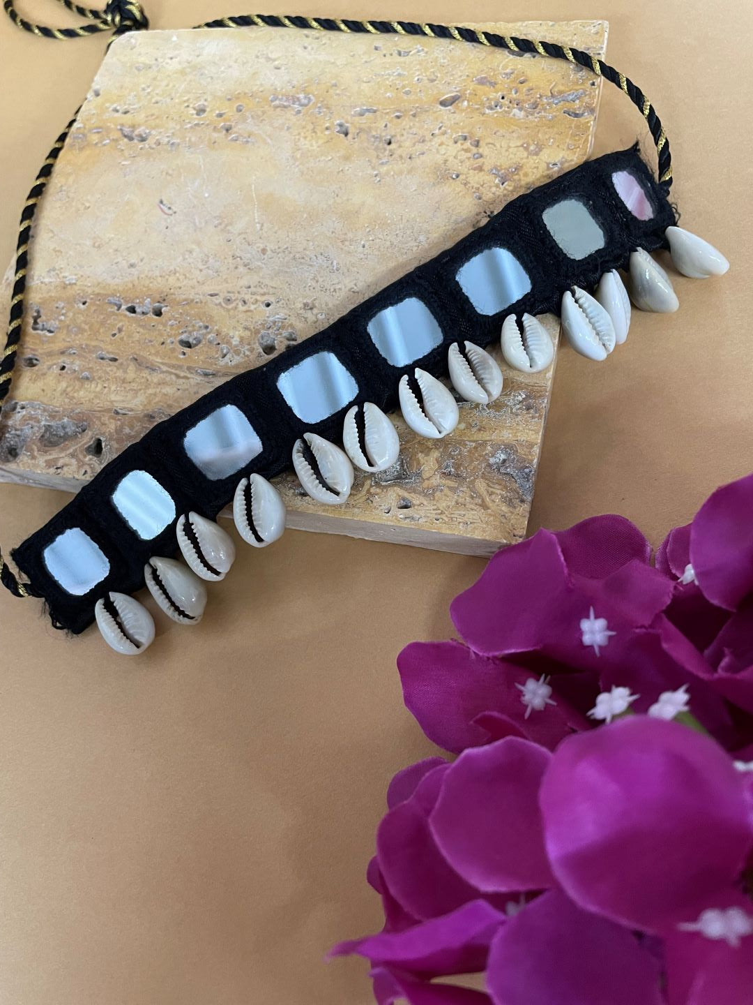 Navratri Garba Dandiya Black Fabric & Embroidery Mirror Work Banjara Choker Necklace With Sea Shells