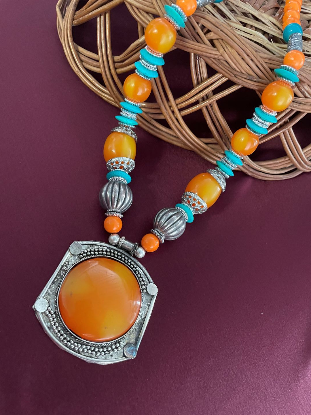 Tibetan Orange & Turcoise Pendent Necklace