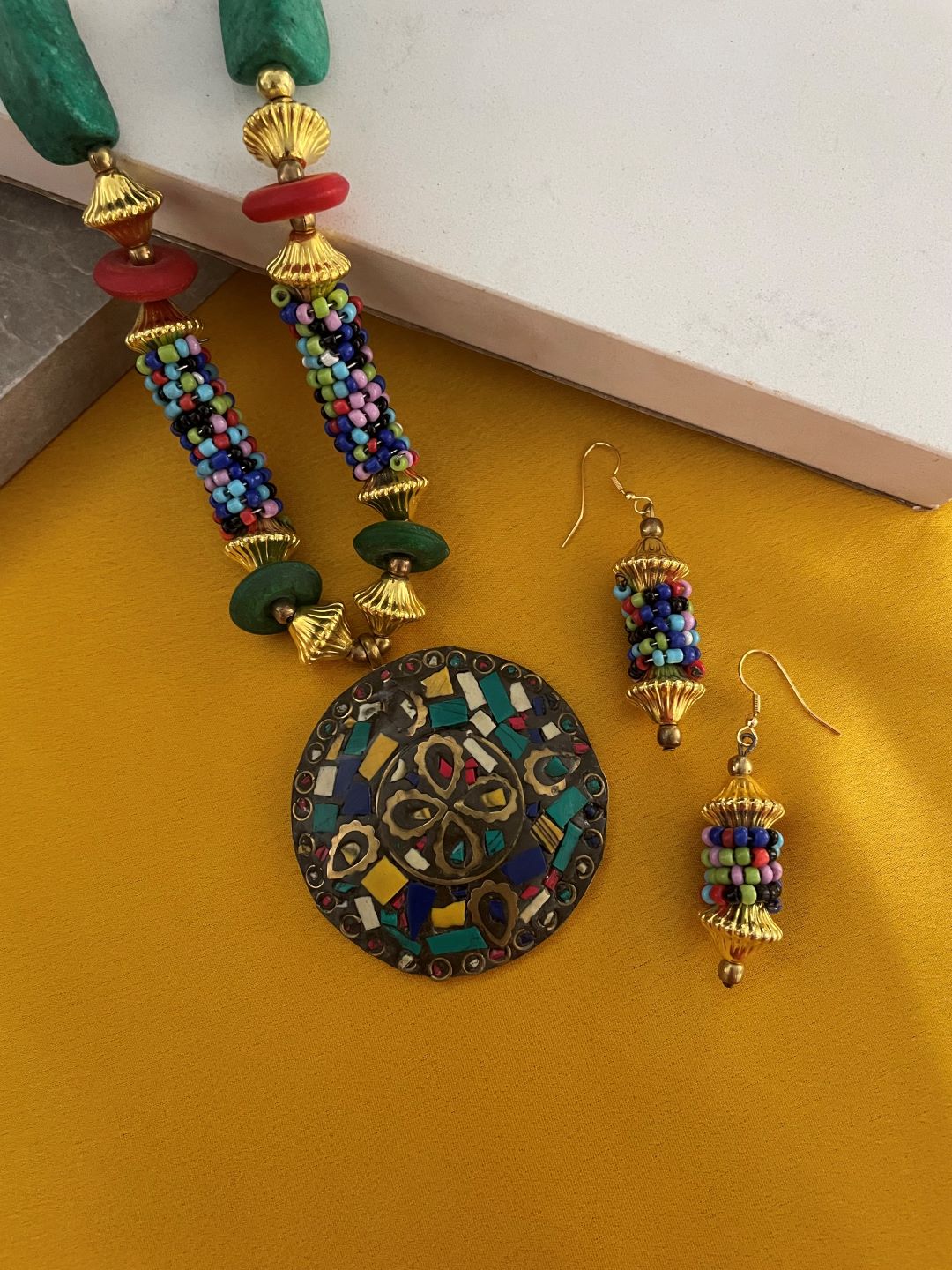 Traditional Afghani Tibetan Necklace Set Gold Plate Brass Multi-Color Pendant and Beads