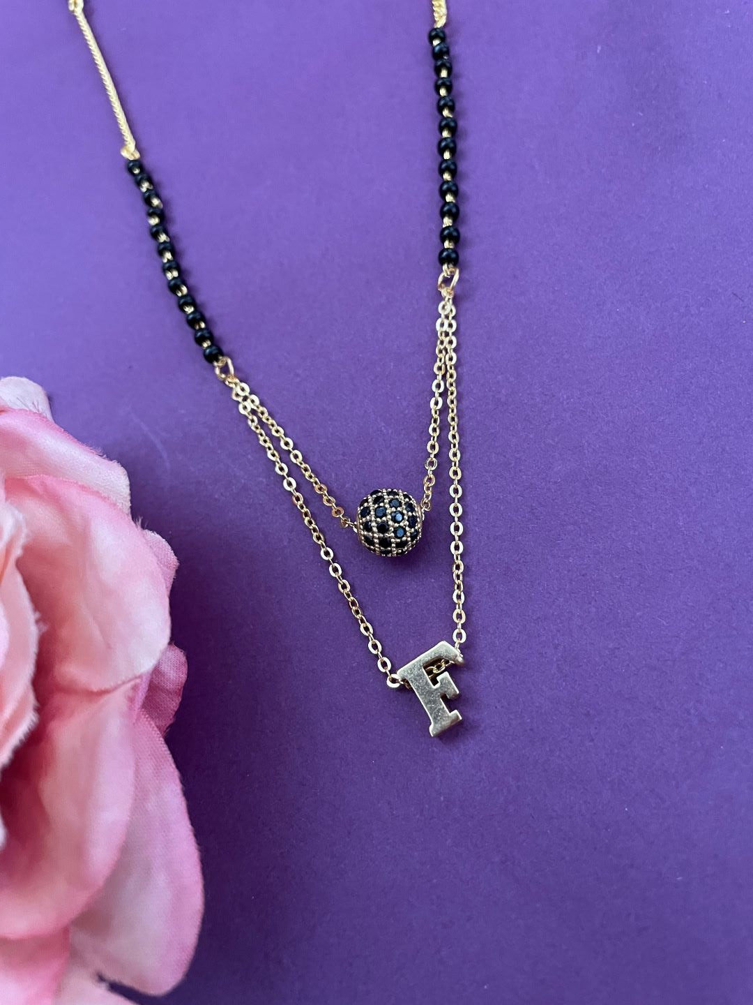 F Letter Mangalsutra Black AD Ball Pendant Short Mangalsutra Name Mangalsutra