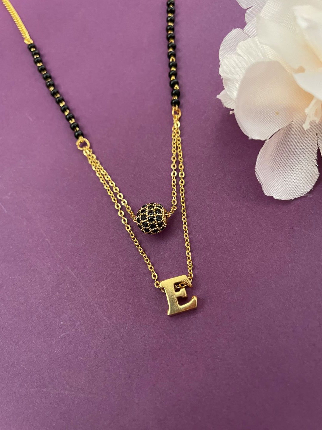 E Letter Mangalsutra Black AD Ball Pendant Short Mangalsutra Name Mangalsutra