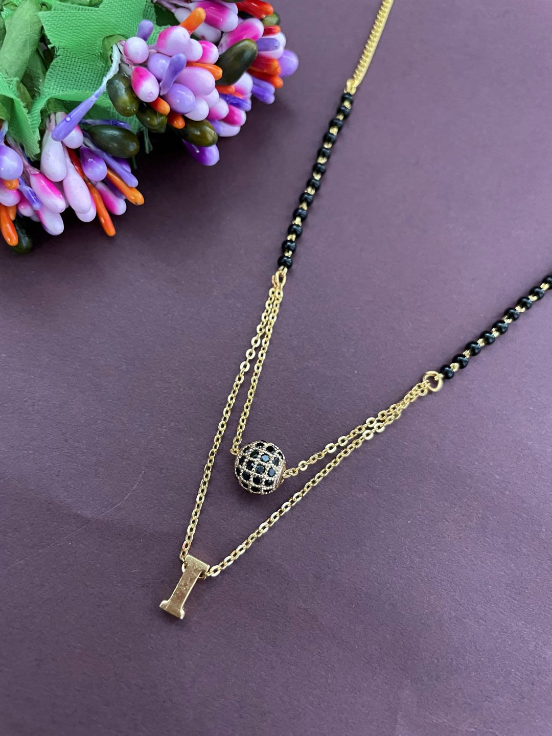 I Letter Mangalsutra Black AD Ball Pendant Short Mangalsutra Name Mangalsutra