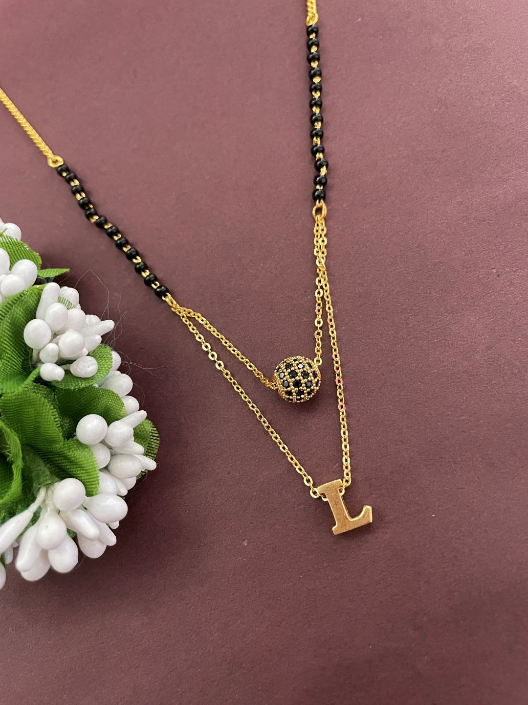 L Letter Mangalsutra Black AD Ball Pendant Short Mangalsutra Name Mangalsutra