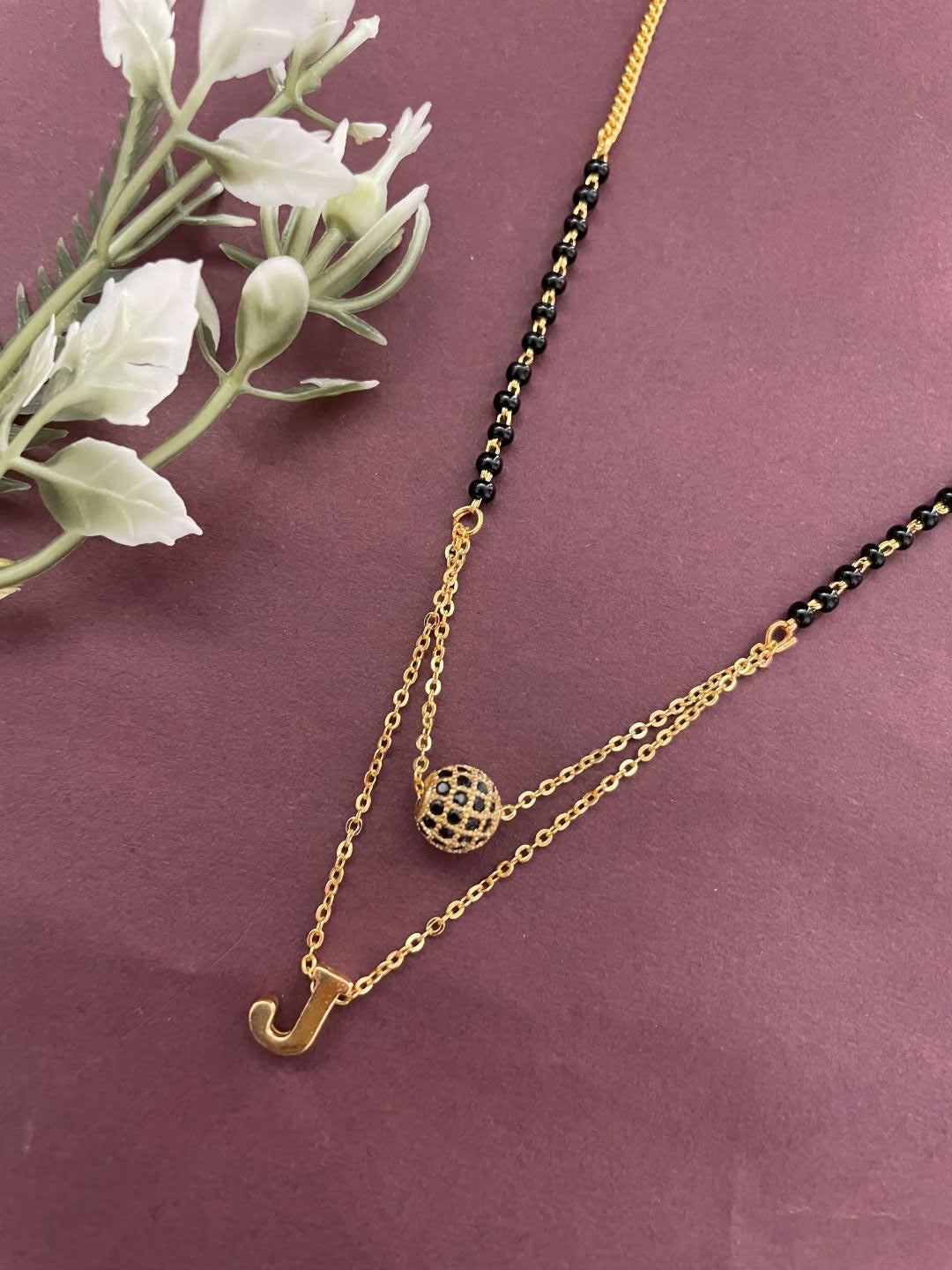 J Letter Mangalsutra Black AD Ball Pendant Short Mangalsutra Name Mangalsutra