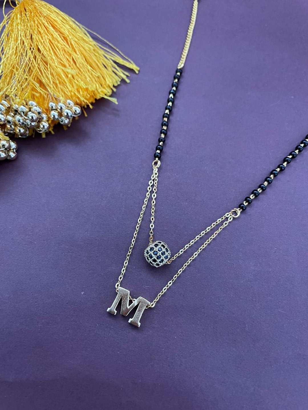 M Letter Mangalsutra Black AD Ball Pendant Short Mangalsutra Name Mangalsutra