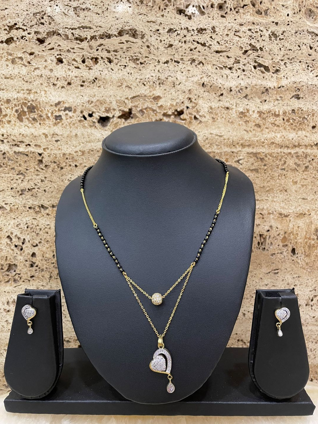 Short Mangalsutra With Heart Pendent & Earring Set with American Diamond Ball